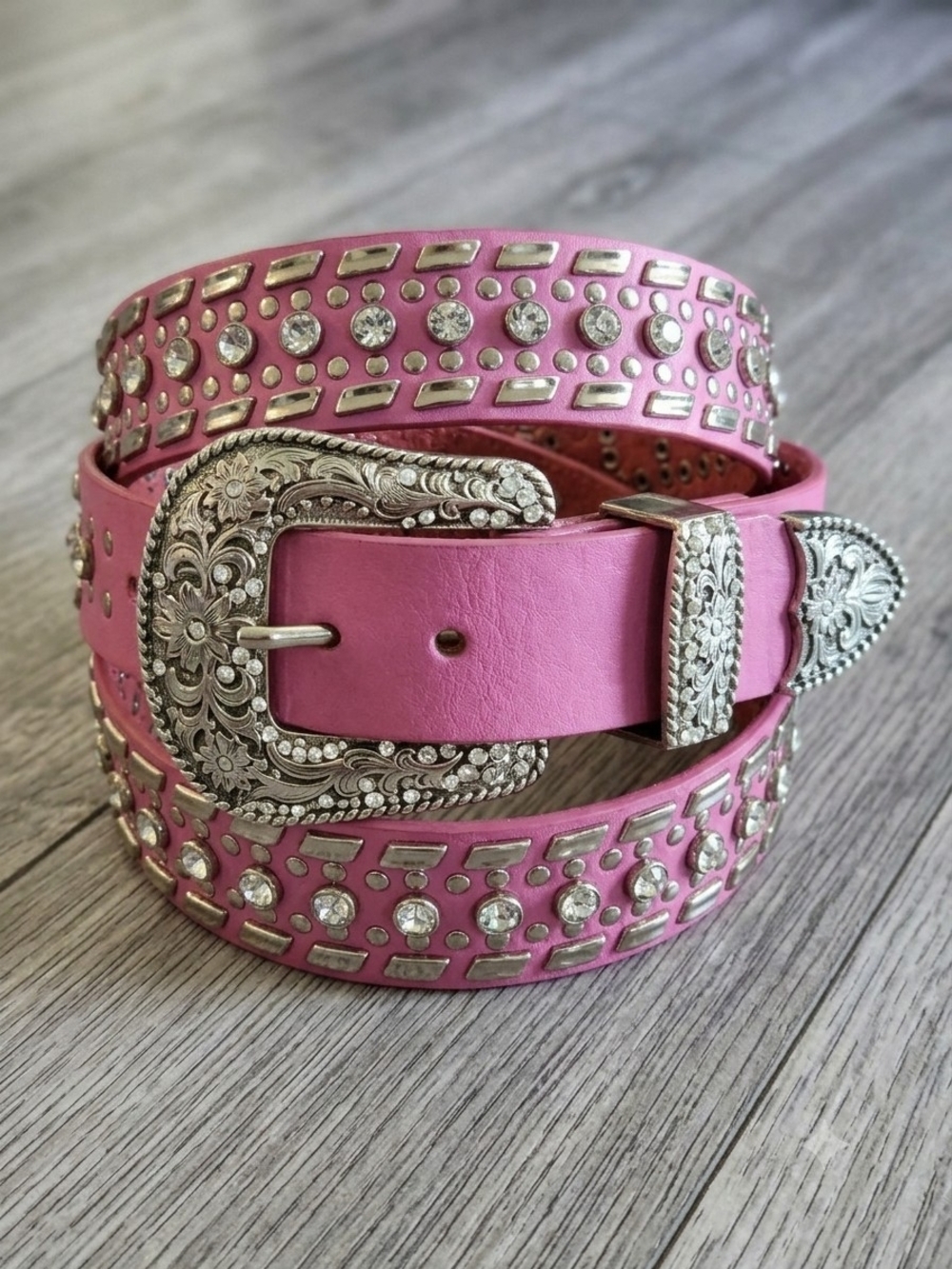 Pink Western Bling Studded Genuine Leather Belt Ornate Silver Buckle XXL 47"